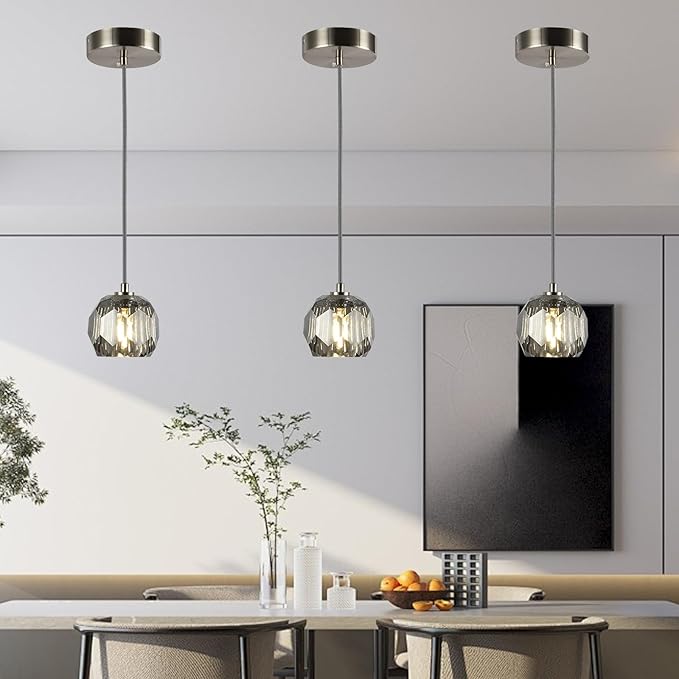 Raindrop Farmhouse Chandelier, Single 1 Light Smoke Crystal Pendant Lights, Modern Nickel Small Hanging Lamp for Dining Room Bedroom Kitchen Island Bathroom