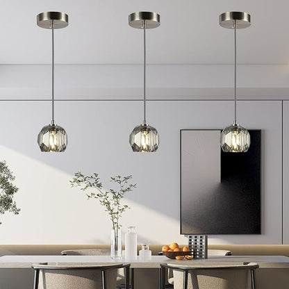 Raindrop Farmhouse Chandelier, Single 1 Light Smoke Crystal Pendant Lights, Modern Nickel Small Hanging Lamp for Dining Room Bedroom Kitchen Island Bathroom