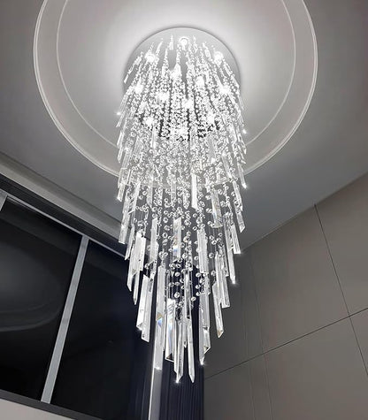 D32'' x H100'' Modern Crystal Chandelier High Ceiling Chandeliers for Entryway Glam Chandelier Large Raindrop Chandeliers LED Dimmable Light Fixtures for Staircaes Foyer Hallway Living Room Silver
