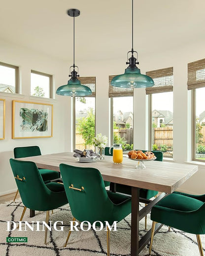Green Glass Pendant Lights Kitchen Island, 12in, Ribbed Glass Kitchen Pendant Lights Fixture, Farmhouse Pendant Lighting for Dining Room Bedroom Bar Sink, 2 Pack