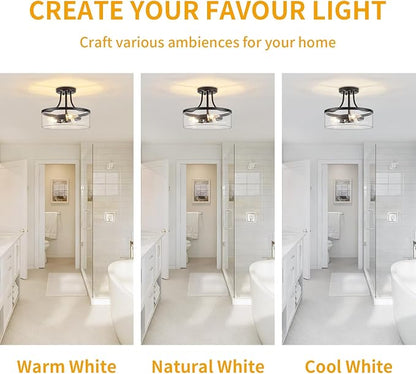 11.81" Black Semi Flush Mount Ceiling Light Modern Glass Light Fixture Industrial Hallway Lights 3-Light Close to Ceiling Light Fixtures for Entryway Bedroom Kitchen Dining Room Laundry Room Lighting