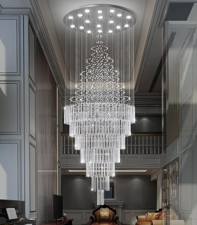 HAIXIANG W40 x H120 Glam Chandelier with LED Bulbs Crystal Raindrop High Ceiling Pendant Light for Entrance Large Villa Chandelier Foyer Lighting Fixtures Silver