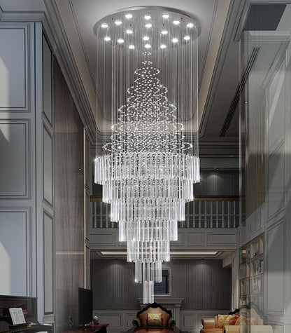 HAIXIANG W40 x H120 Glam Chandelier with LED Bulbs Crystal Raindrop High Ceiling Pendant Light for Entrance Large Villa Chandelier Foyer Lighting Fixtures Silver