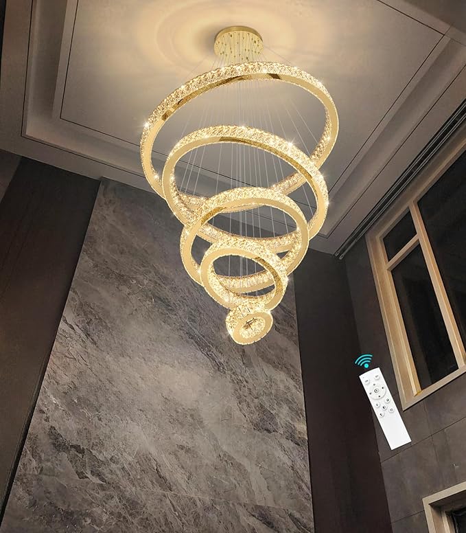 Modern High Ceiling Crystal Chandelier 90W Dimmable LED Chandeliers with Remote Luxury Height Adjustable Large Lighting Fixtures for Living Room Staircase Foyer Gold