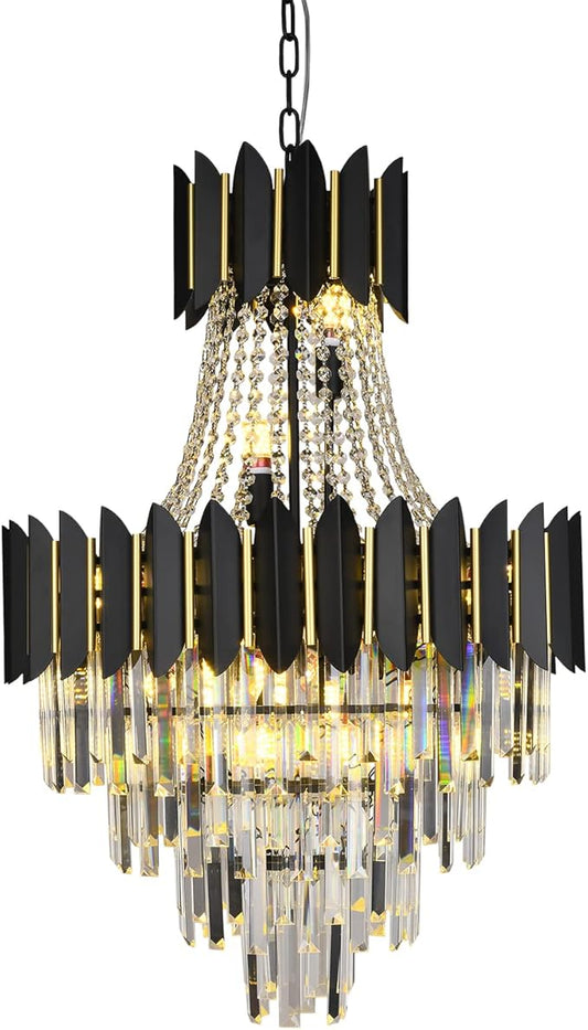 Modern Crystal Chandelier Black 4-Tier Round Crystal Chandeliers Lighting Contemporary Ceiling Hanging Raindrop Pendant Light Fixture for Dining Room Living Room Foyer (D24in-14 Lights)
