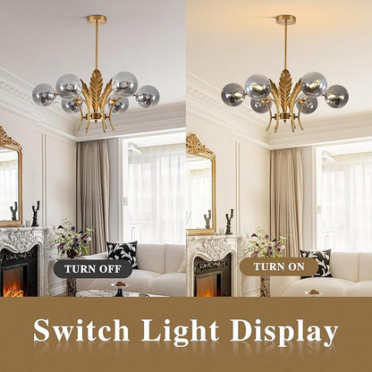 BOKT Gold Sputnik Chandelier Mid Century Smoky Gray Glass Chandelier Light Leaf 6-Light Adjustable Ceiling Hanging Light Fixture Globe LED Pendant Lighting for Kitchen Living Room Hallway Bedroom