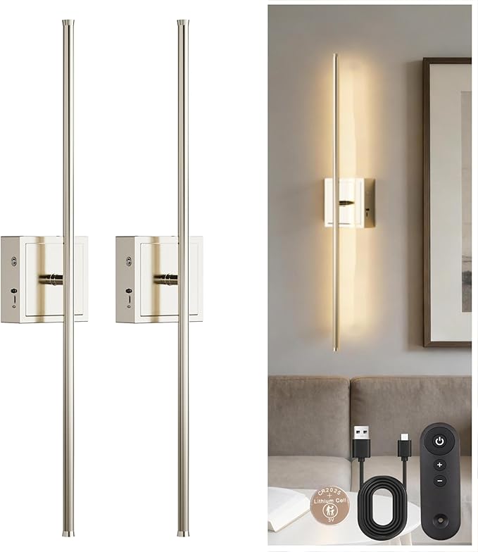 DORESshop Battery Operated Wall Sconces Set of 2, Dimmable Battery Wall Sconce with Remote Control, Nickel 350°Rotate Rechargeable Sconces, 28.1 Inch Wireless Wall Lights for Bedroom, Living Room