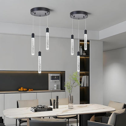 3 Light Pendant Lights Kitchen Island,Modern LED Bubble Crystal Pendants with Dimmable 3000K-6000K Ceiling Hanging Light Fixture for Dining Room Bedroom,Matte Black Finish,Adjustable Height 59"