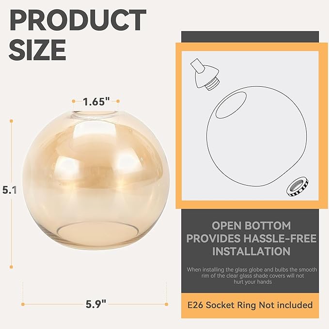 3 Pack Amber Glass Shade Replacements, Globe Glass Lamp Shade Covers for Light Fixtures, 1.65 In Fitter 5.1 In Height 5.9 In Diameter Globes Lampshades for Wall Sconces Chandelier Pendant Lights