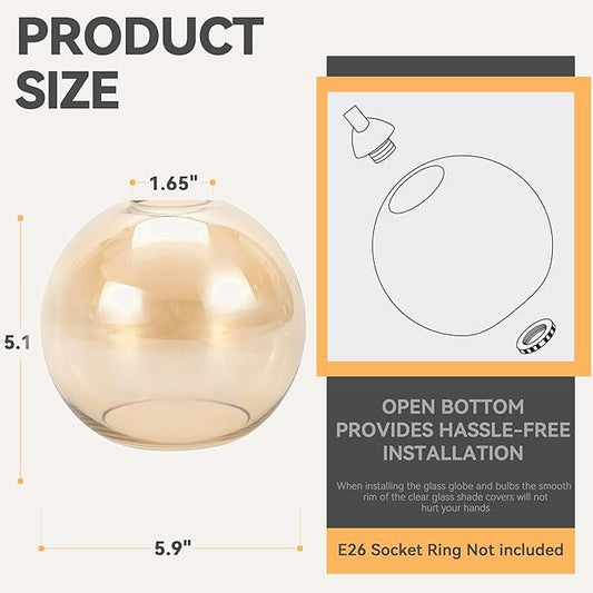 3 Pack Amber Glass Shade Replacements, Globe Glass Lamp Shade Covers for Light Fixtures, 1.65 In Fitter 5.1 In Height 5.9 In Diameter Globes Lampshades for Wall Sconces Chandelier Pendant Lights