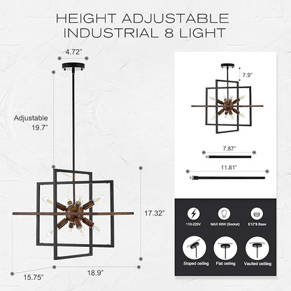 8-Light Farmhouse Sputnik Wood Pendant Light, 18.9'' Vintage Rustic Brown Wood Chandeliers,Retro Industrial Hanging Light Fixtures for Dining Room
