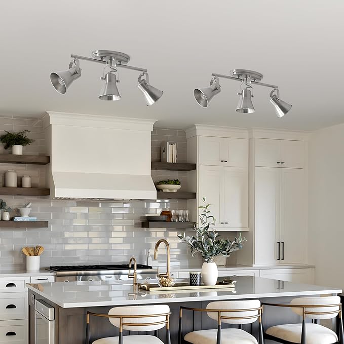Nickel 3-Light Track Lighting Kit, Directional Ceiling Light Fixtures, Industrial Kitchen Lighting for Island, Over Table, Hallway，Laundry Room