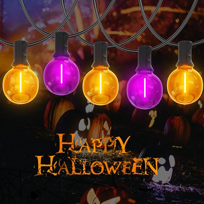Purple and Orange Christmas Lights, 25FT 27 Count Christmas G40 LED String Lights, Indoor Decoration Lights for Outdoor Patio Home Party Garden Yard-Black Wire