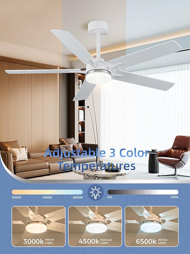 LANMEL Ceiling Fan with Light, Modern Flush Mount Low Profile with Remote Control, Reversible, 3CCT Dimmable, Quiet,LED for Bedroom, Living Room, Indoor/Outdoor Patio Use 52 Inch Silver & White