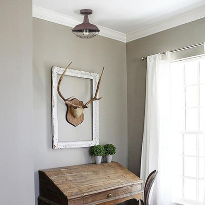 DAYCENT Rustic Semi Flush Mount Ceiling Light Barn Style Light Fixture Farmhouse Metal Cage Ceiling Light 1-Light Industrial Wire Caged Flush Mount Barn Light Rust Finish for Hallway Foyer Kitchen