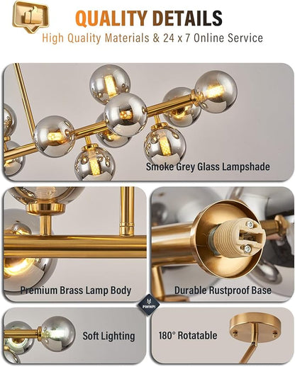Glass Globe Sputnik Chandelier, 16-Light Mid Century Modern Light Fixture Over Table, Linear Chandeliers for Dining Room, Kitchen Island, Brass Gold and Smoke Grey Bubble, 40 Inch, GC-02