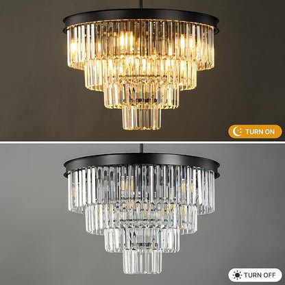 Modern Crystal Chandeliers For Dining Room: 24 Inch Black Round Luxury Chandelier Over Table - 4 Tiers Ceiling Hanging Pendant Lighting Fixture For Living Room Kitchen Island Bedroom Entryway Foyer