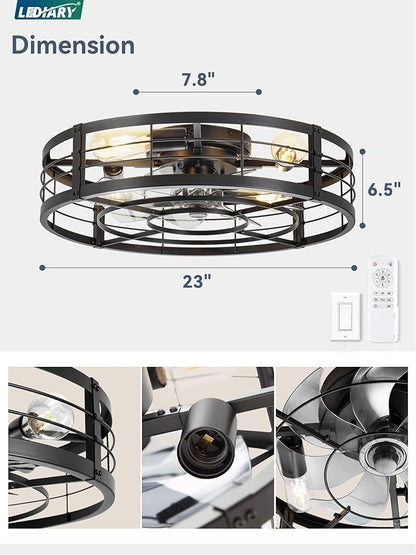 LEDIARY 23" Caged Ceiling Fan with Light and Remote, Low Profile Flush Mount Fandelier, Black Bladeless Enclosed Small Fan Lights Ceiling Fixtures, Rustic Farmhouse Style for Bedroom, Outdoor