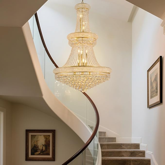 27-Lights High Ceiling Chandelier Modern Gold Crystal Chandeliers Large Foyer Chandelier Fixtures for Staircase Living Room Hallway Entryway