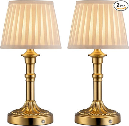 KDG Cordless Portables Table Lamp Set of 2, LED Fabric Shade Small Desk Lamps, 5000mAh Battery Powered Lighting, 2700K Stepless Dimmable Light for Living Room, Dining Room, Bedroom, Bedside (Gold)