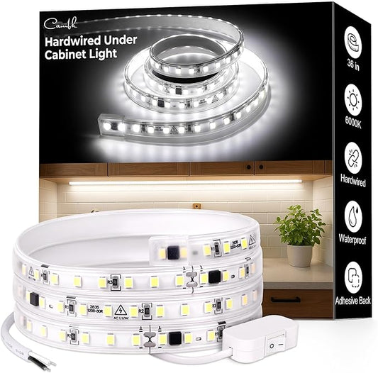 cambk 36inch Hardwired Under Cabinet Lighting for Kitchen, 6000K White Wired Undercounter Waterproof Led Strip Lights, Luces para Cocina Bajo Gabinete Under Shelf Lights