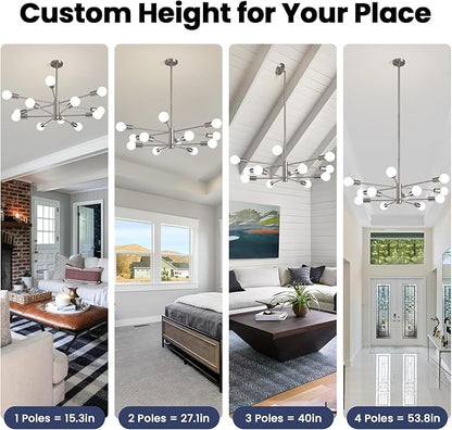 RUIYEY Modern Sputnik Chandeliers Light, 12 Lights Brushed Nickel Dining Room Chandelier Over Table, Height Adjustable Industrial Semi Flush Mount Mid Century Chandelier for Kitchen Island Living Room