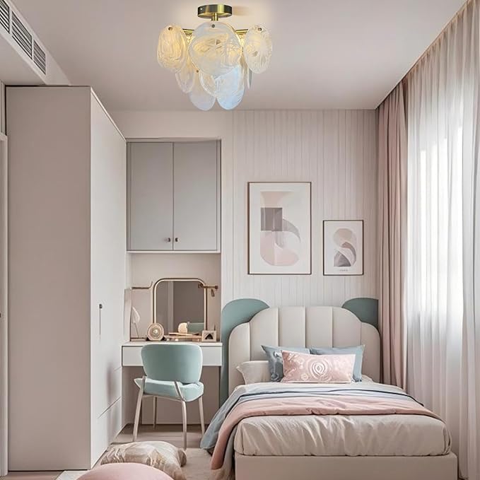 Small Crystal Chandelier Semi Flush Mount Ceiling Light Fixture Modern Bronze Gold Cloud Glass Chandelier Light for Entryway Hallway Bathroom Bedroom