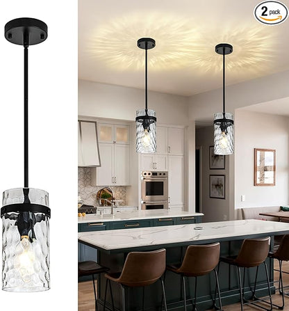 2 Pack Black Pendant Lights Kitchen Island, Hammered Glass Pendant Lighting Over Island, Kitchen Hanging Light Fixtures Pendant Light Over Sink for Kitchen Entryway Foyer Dining Room