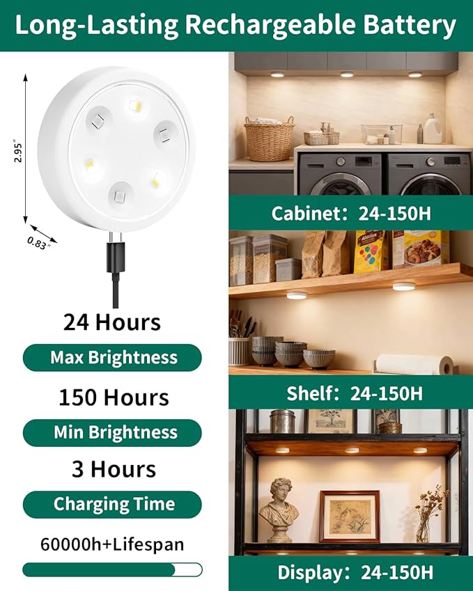 6-Pack Puck Lights with Remote, 1800mAh Rechargeable Under Cabinet Lighting, 3 Color Temps & 7 RGB Colors, Long-Lasting Dimmable Stick-On Lights for Cabinet, Kitchen, Shelf, Party