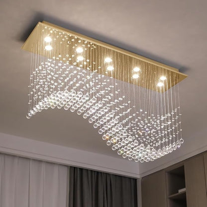 Siljoy 12-Lights Modern Crystal Chandeliers, Luxury Wave Raindrop Crystal Pedant Light Fixture, Rectangular Flush Mount Ceiling Light for Dining Room Living Room Kitchen Island 47 Inch