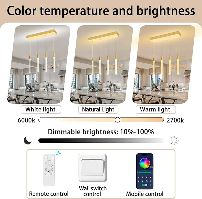 Modern 4-Light Gold Crystal Column Pendant Light Rectangular Crystal Chandelier LED Hanging Light for Dining Room Living Room, Hallway, Bedroom