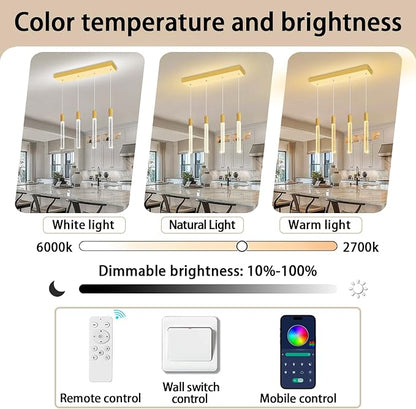 Modern 4-Light Gold Crystal Column Pendant Light Rectangular Crystal Chandelier LED Hanging Light for Dining Room Living Room, Hallway, Bedroom