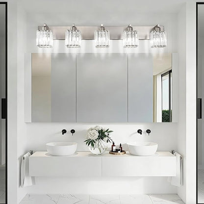 Aipsun Brushed Nickel Bathroom Lighting Fixtures 5 Light Vanity Light Crystal Modern Bathroom Vanity Light (Exclude Bulb)