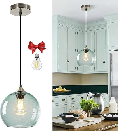 Light Green Glass Pendant Light for Kitchen Island, Includes 1 Bulb & 4.92FT Adjustable Cord, Modern Ceiling Pendant Lights for Kitchen, Dining Room, Living Room (7.1in,)