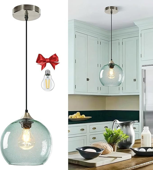 Light Green Glass Pendant Light for Kitchen Island, Includes 1 Bulb & 4.92FT Adjustable Cord, Modern Ceiling Pendant Lights for Kitchen, Dining Room, Living Room (7.1in,)
