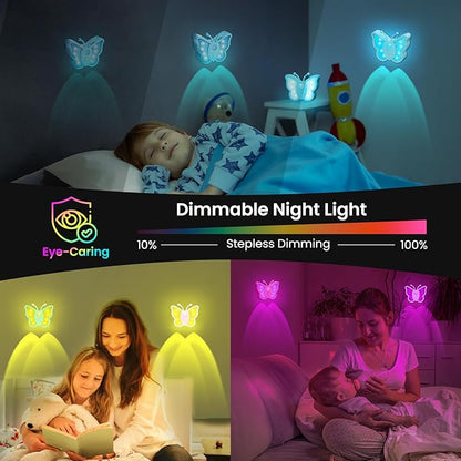 LOFTEK Rechargeable Motion Sensor Light, RGB Color Change & Dimmable Wall Night Light, Cute Butterfly Light for Kids' Bedroom, Bathroom, Hallway, Tent, Stairs, Camping - Gift, Black of 4
