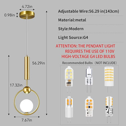 Modern Globe Glass Pendant Light fixtures 1-Light, Simplicity Gold Pendant Lighting, Mid Century Chandelier for Kitchen Island Dining Room Bedroom Entryway Hallway(2-Pack)