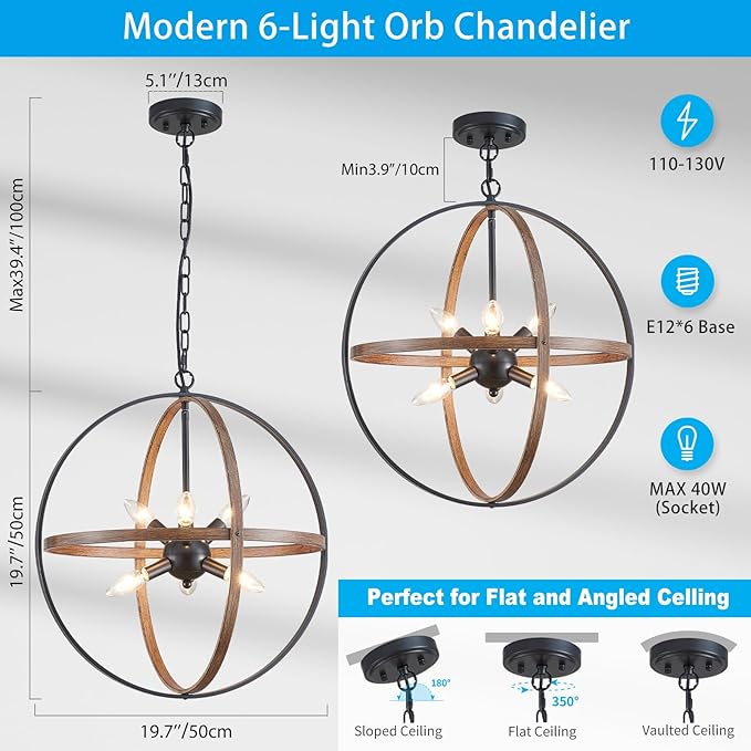 XINGQI Vintage Globe Chandelier Orb Pendant Lighting Fixtures,6-Light Sphere Lights Over Island 19.7" Black and Wood Grain Finish Chandeliers for Dining Room,Kitchen,Living Room