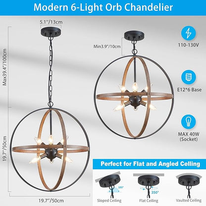 XINGQI Vintage Globe Chandelier Orb Pendant Lighting Fixtures,6-Light Sphere Lights Over Island 19.7" Black and Wood Grain Finish Chandeliers for Dining Room,Kitchen,Living Room