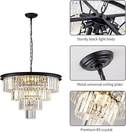 10 Light Black Crystal Chandelier 24'' Modern Round Chandeliers for Dining Room Contemporary Ceiling Pendant Light Fixture 4-Tier Adjustable Height E12 for Living Room Foyer Entryway