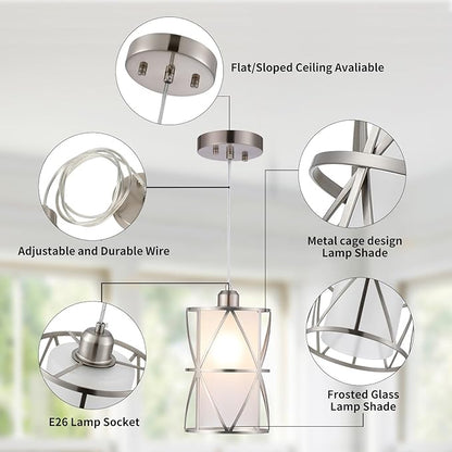 Pendant Light with Frosted Glass, Modern Pendant Lights Kitchen Island, Brushed Nickel Pendant Light Fixtures, Cylindrical Pendant Lighting for Kitchen Island, Dining Room, Foyer