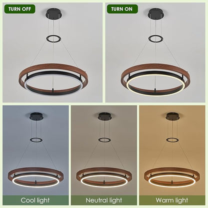 Benkut Modern LED Chandelier Circular Farmhouse Red Walnut Color, Dimmable LED Pendant Light with Remote Ring Chandelier Dining Room Light Fixtures for Kitchen Island Living Room Entryway, D23.6