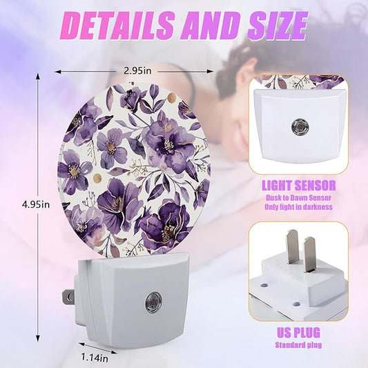 Purple Flower Night Light Watercolor Floral Night Lights LED Lamp Round Plug into Wall Nightlight with Dusk to Dawn Sensor Home Hallway Stairway Kitchen Decor