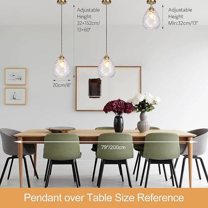 Gold Pendant Lighting with Clear Hammered Glass Shade, 1-Light Art Deco Hanging Lamp for Kitchen Island, Dining Room, Bedroom (Clear Glass Shade)