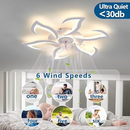 32" White Geometric Modern 6-Head Ceiling Fan with Lights Remote Control, Low Profile Ceiling Fan with Light for Kitchen Bedroom Living Room