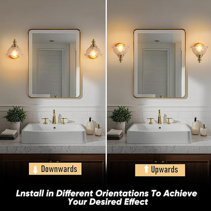 Vintage wall Sconce, Gold wall sconces with Amber Glass Shade, Bathroom Vanity Lights for Living Rooms Bedrooms Bathrooms Above Mirrors Hallways, E26 (Bulb Not Included)
