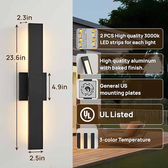 Upgraded 23.6in Modern LED Outdoor Wall Lights 3000K 4000K 5000K Dimmable Black Exterior Wall Sconce Long Outside Light fixtures for House Garage Front Door