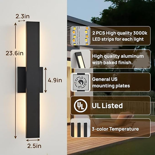 Upgraded 23.6in Modern LED Outdoor Wall Lights 3000K 4000K 5000K Dimmable Black Exterior Wall Sconce Long Outside Light fixtures for House Garage Front Door