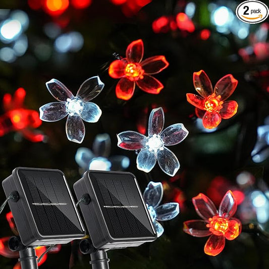 2 Pack Total 52FT 120 LED Solar String Lights Outdoor Waterproof Flower Fairy Lights for Garden Fence Patio Yard Christmas Tree Lawn Wedding Party Decor, Red and Pure White