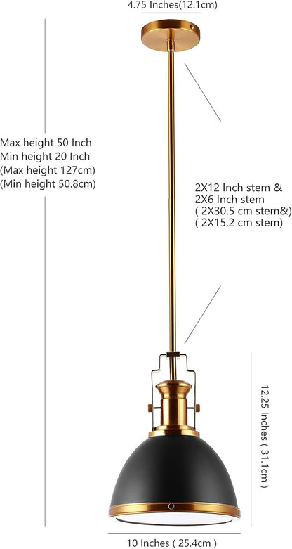 JONATHAN Y 10" Black/Brass Gold Modern Industrial Iron LED Dome Pendant Light, Adjustable Hanging Fixture for Kitchen Island or Entryway, Black Metal Shade, LED Bulb Included JYL9535A